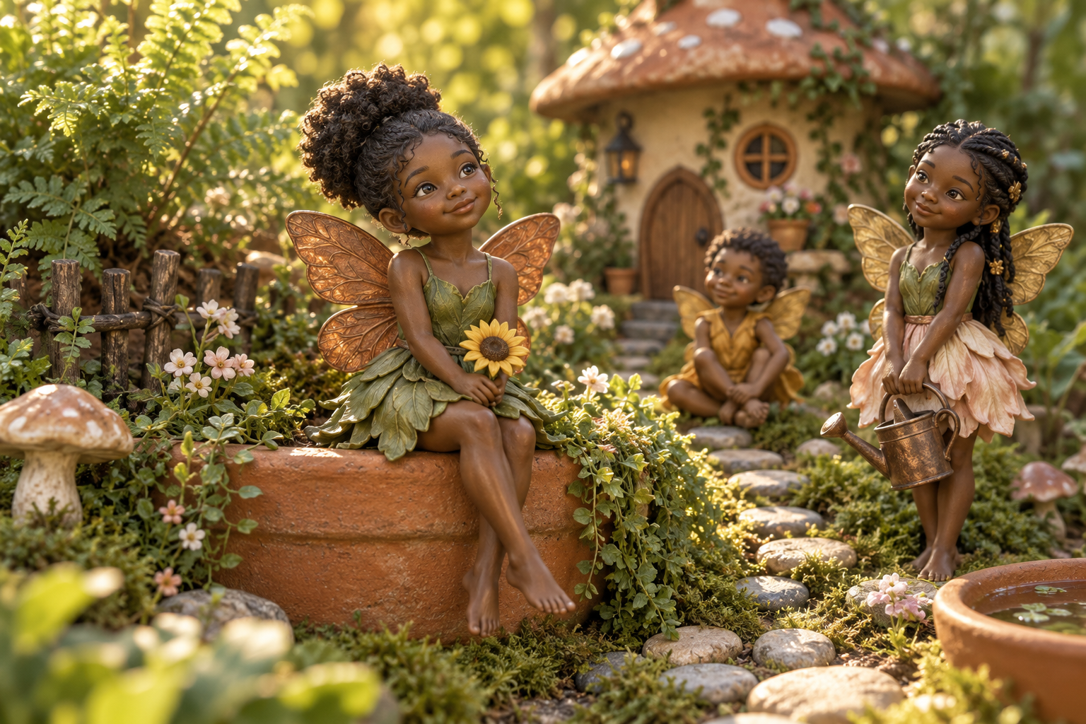 Original concept artwork of Black fairy figurines with natural hair, copper wings and leaf dresses in a moss garden beside a tiny cottage